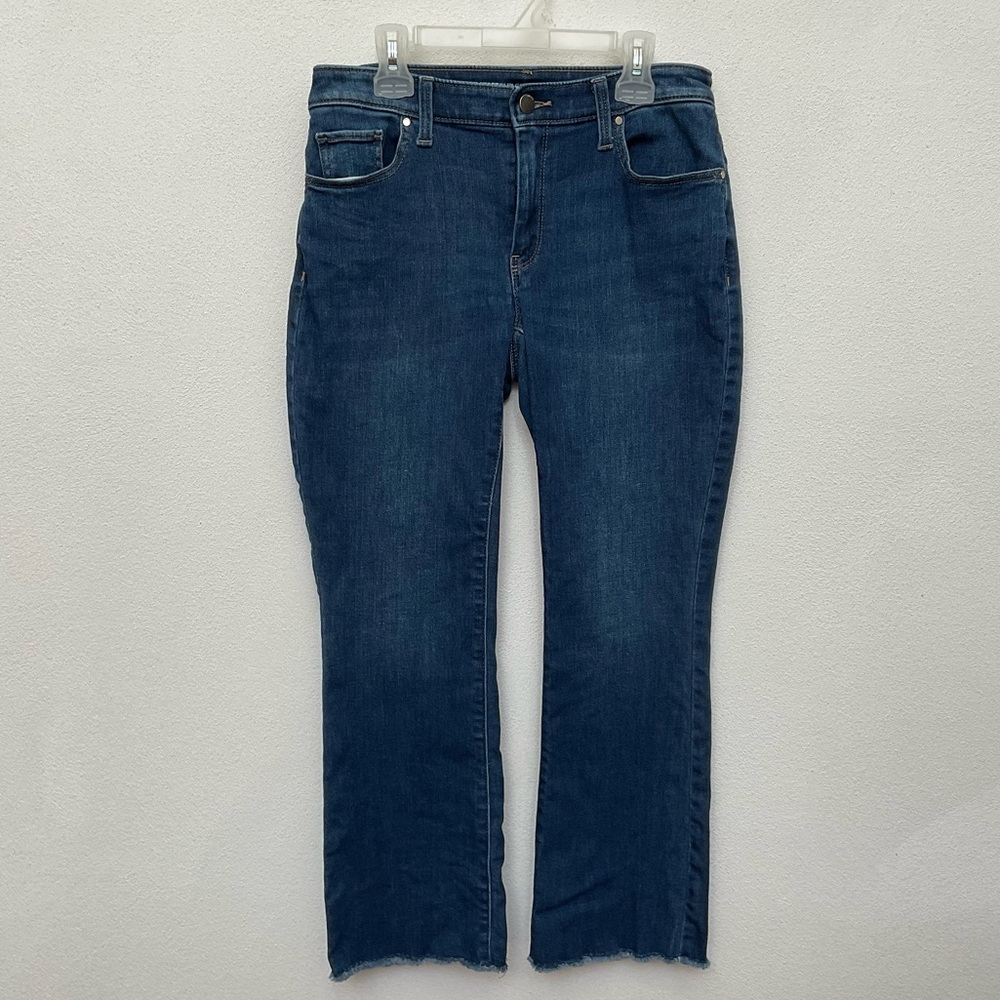 Chico's Dark Wash Perfect Stretch Girlfriend Flare Ankle Jeans Size 2 Raw Hem